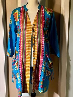 Bright Turquoise Multi-Print Lightweight Cotton Women's kimono/tunic sz 12